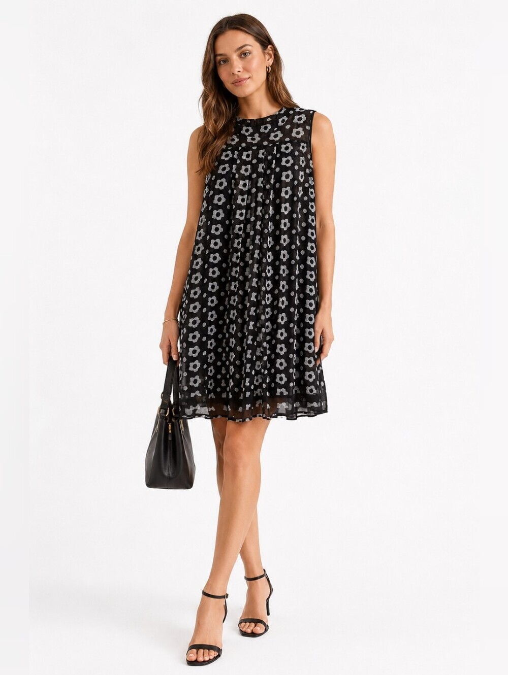 Women's NINA LEONARD Black & White Floral Sleeveless Mini Dress S